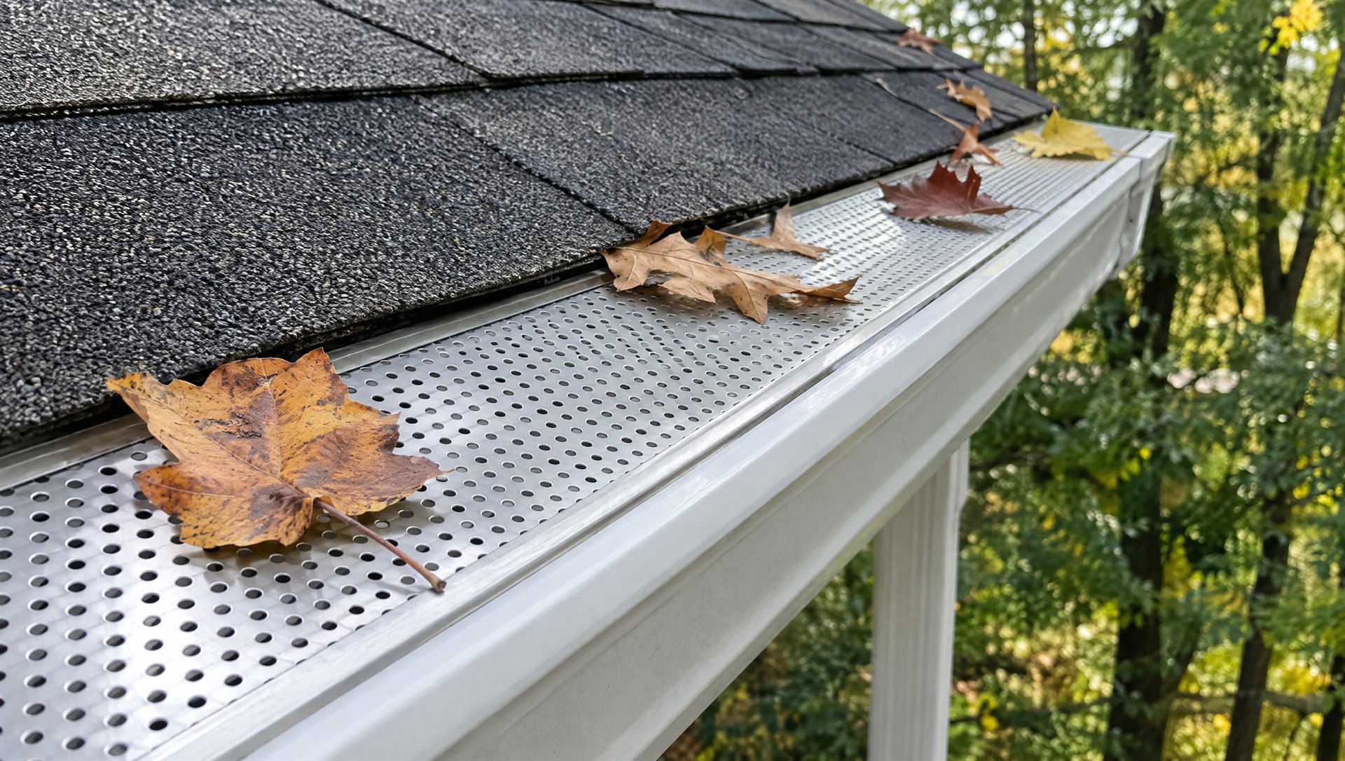 Pare-feuilles Alu-Rex en aluminium perforé installé sur une gouttière